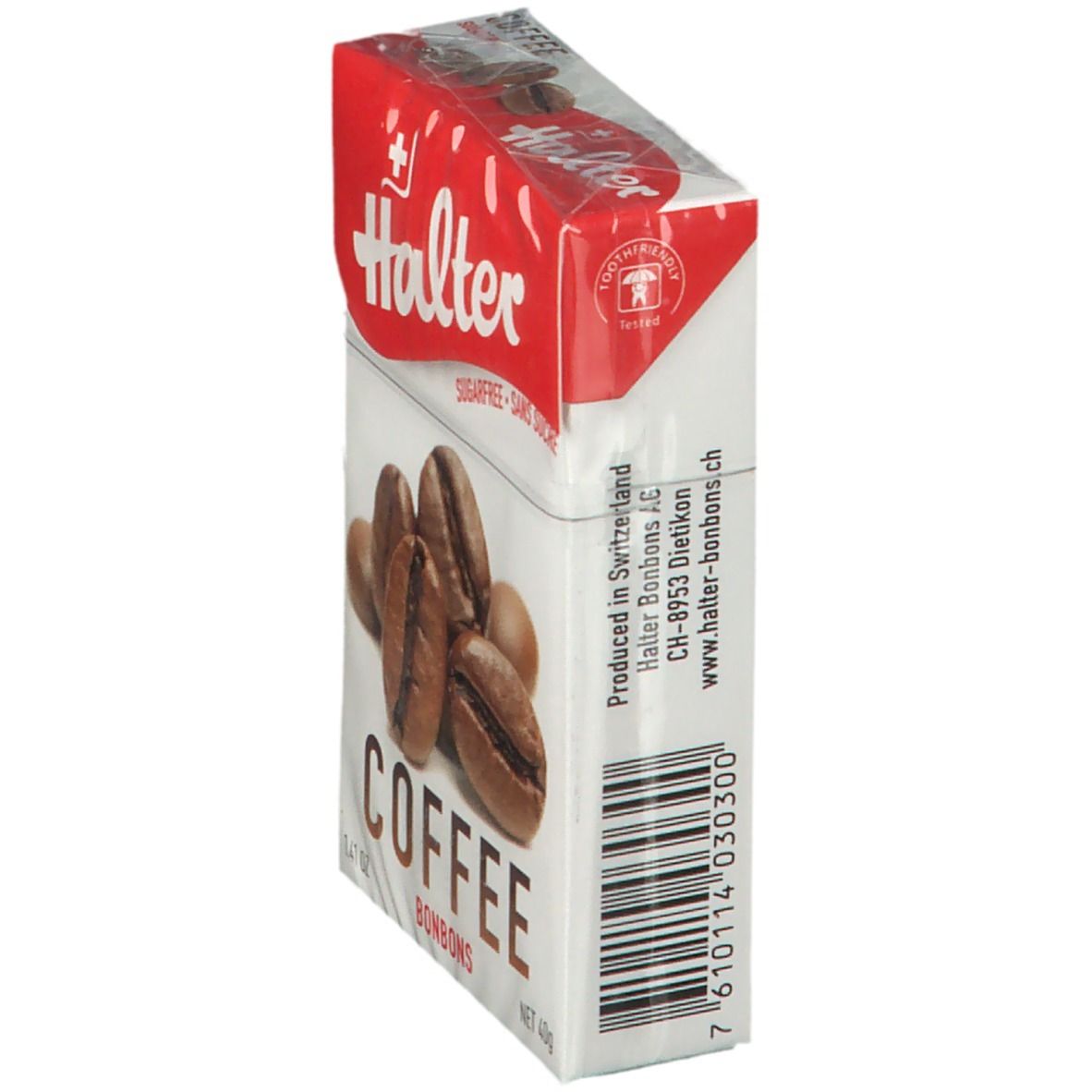 Verpakking Halter Bonbons Café, zijaanzicht. Afbeelding van koffiebonen. Opschrift: COFFEE BONBONS, suikervrij. Streepjescode.