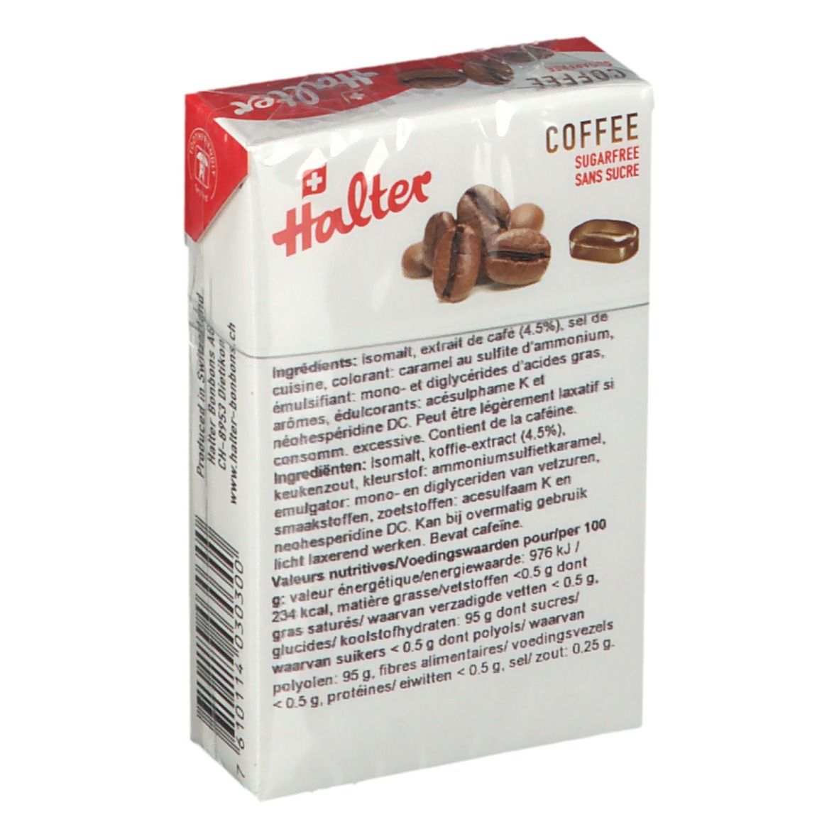 Verpakking Halter Bonbons Café. Achterkant met ingrediëntenlijst en voedingswaarde. Opschrift: COFFEE, suikervrij. Zwitsers kruis.