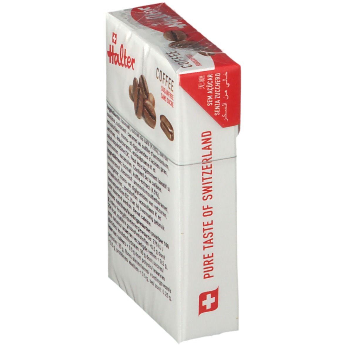 Verpakking Halter Bonbons Café, zijaanzicht. Opschrift: COFFEE, suikervrij. Zwitsers kruis. Tekst: PURE TASTE OF SWITZERLAND.