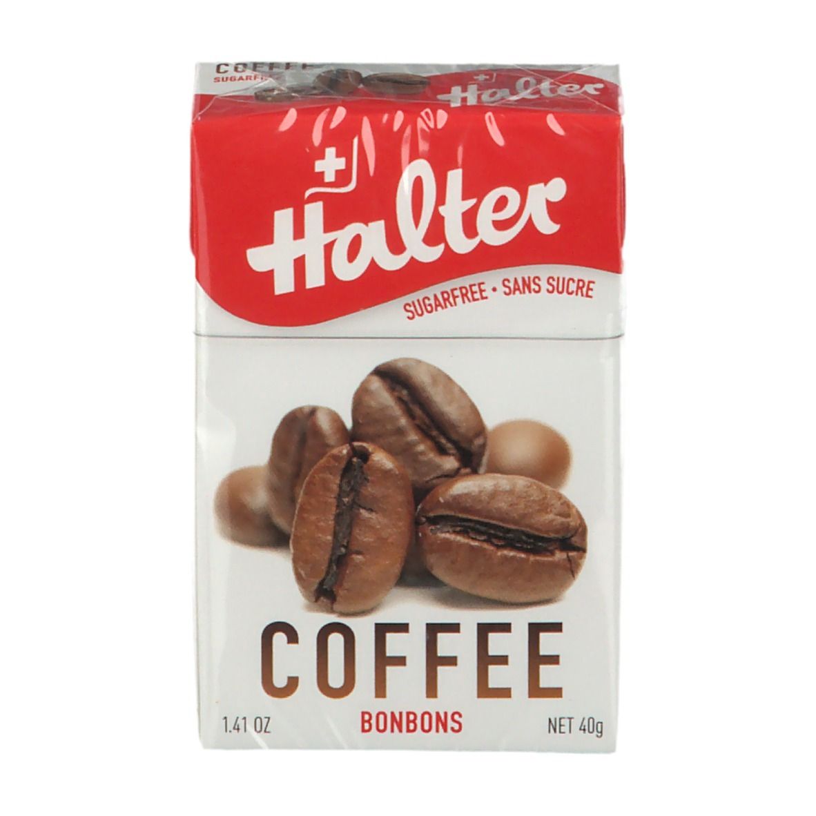 Verpakking Halter Bonbons Café. Afbeelding van koffiebonen. Opschrift: COFFEE BONBONS, suikervrij. Zwitsers kruis.