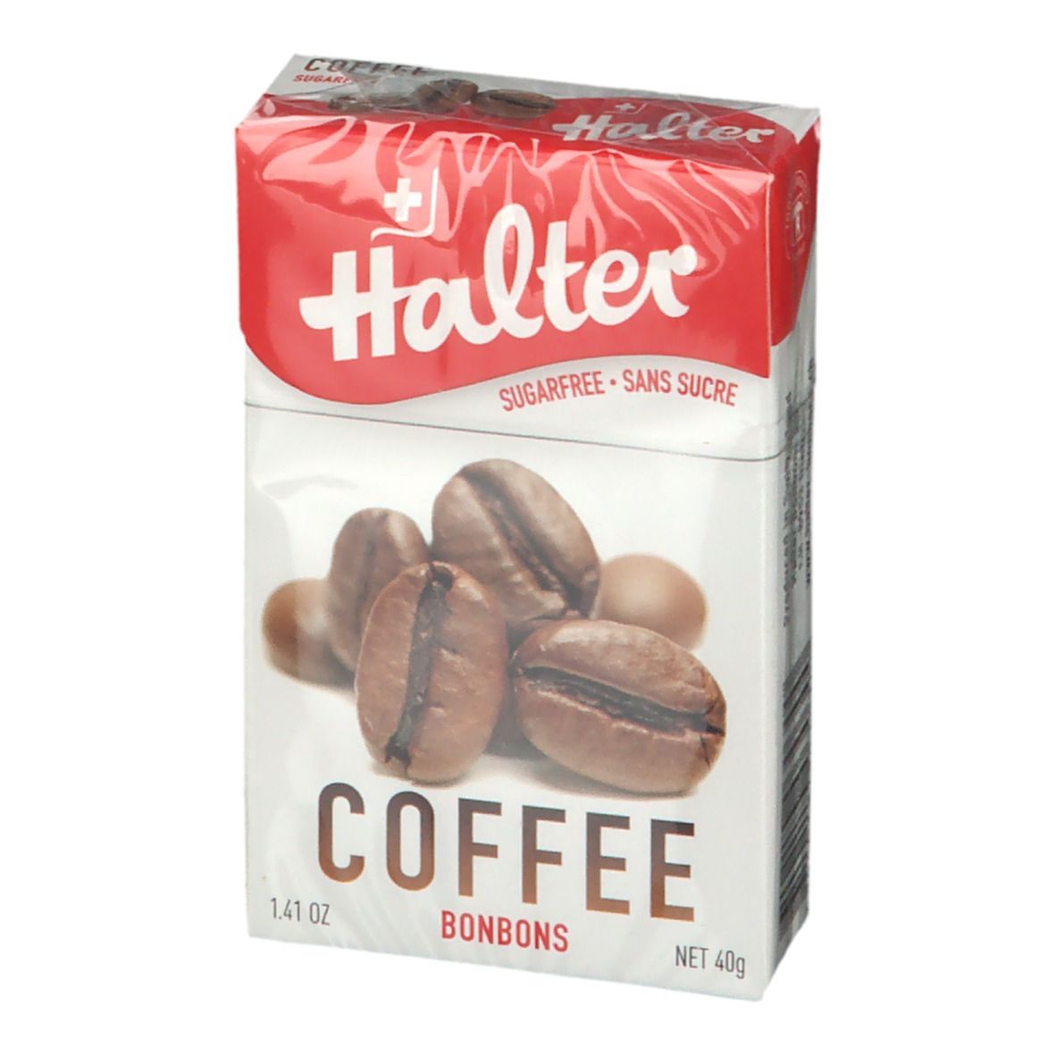 Verpakking Halter Bonbons Café. Afbeelding van koffiebonen. Opschrift: COFFEE BONBONS, suikervrij. Zwitsers kruis.