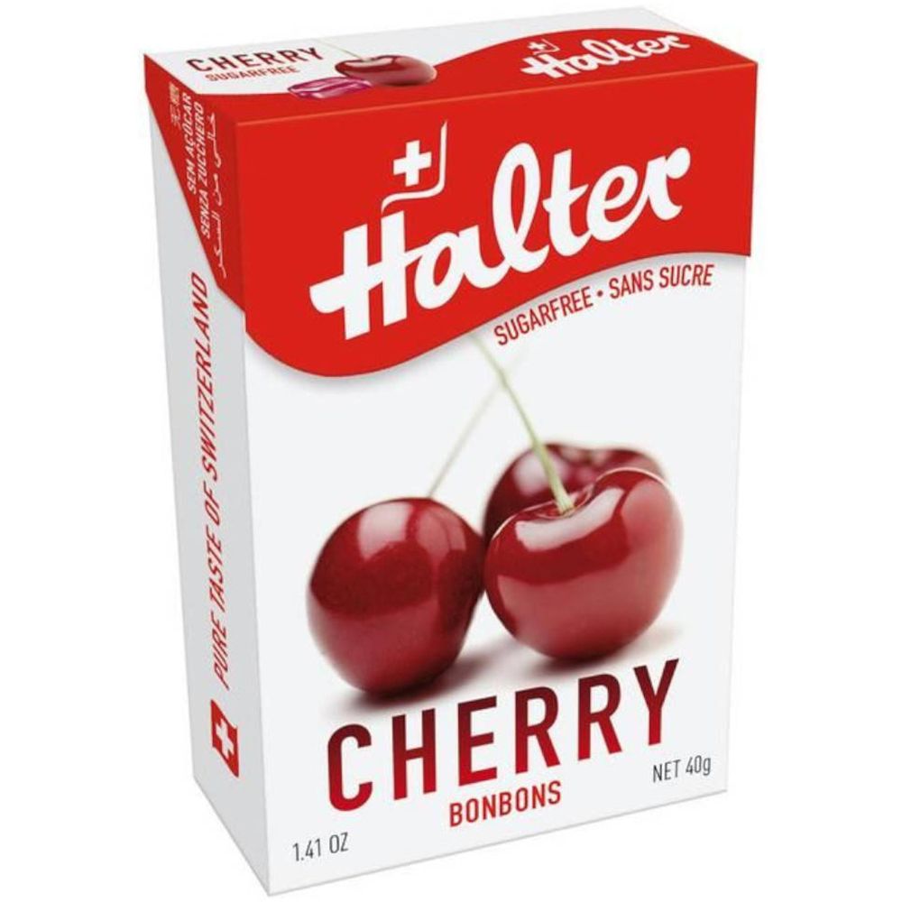 Verpakking met kersenbonbons. Rode en witte doos met kersenafbeelding en tekst. Merk: Halter.