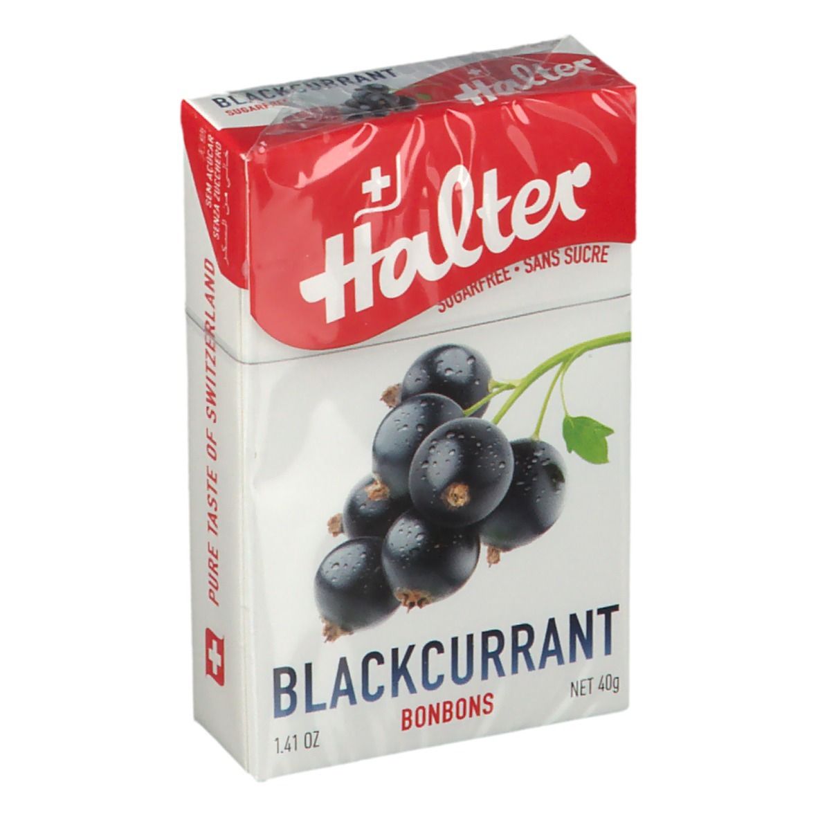 Boîte de bonbons Halter Blackcurrant. Image de cassis. Inscription "Sugarfree - Sans sucre" sur l'emballage.
