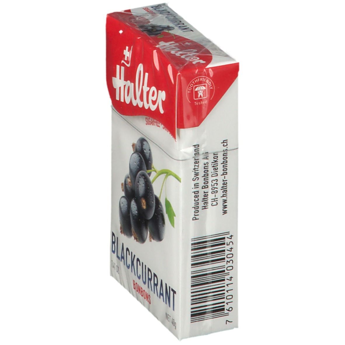 Boîte de bonbons Halter Blackcurrant, vue latérale. Code-barres et informations du fabricant. "Sugarfree - Sans sucre".
