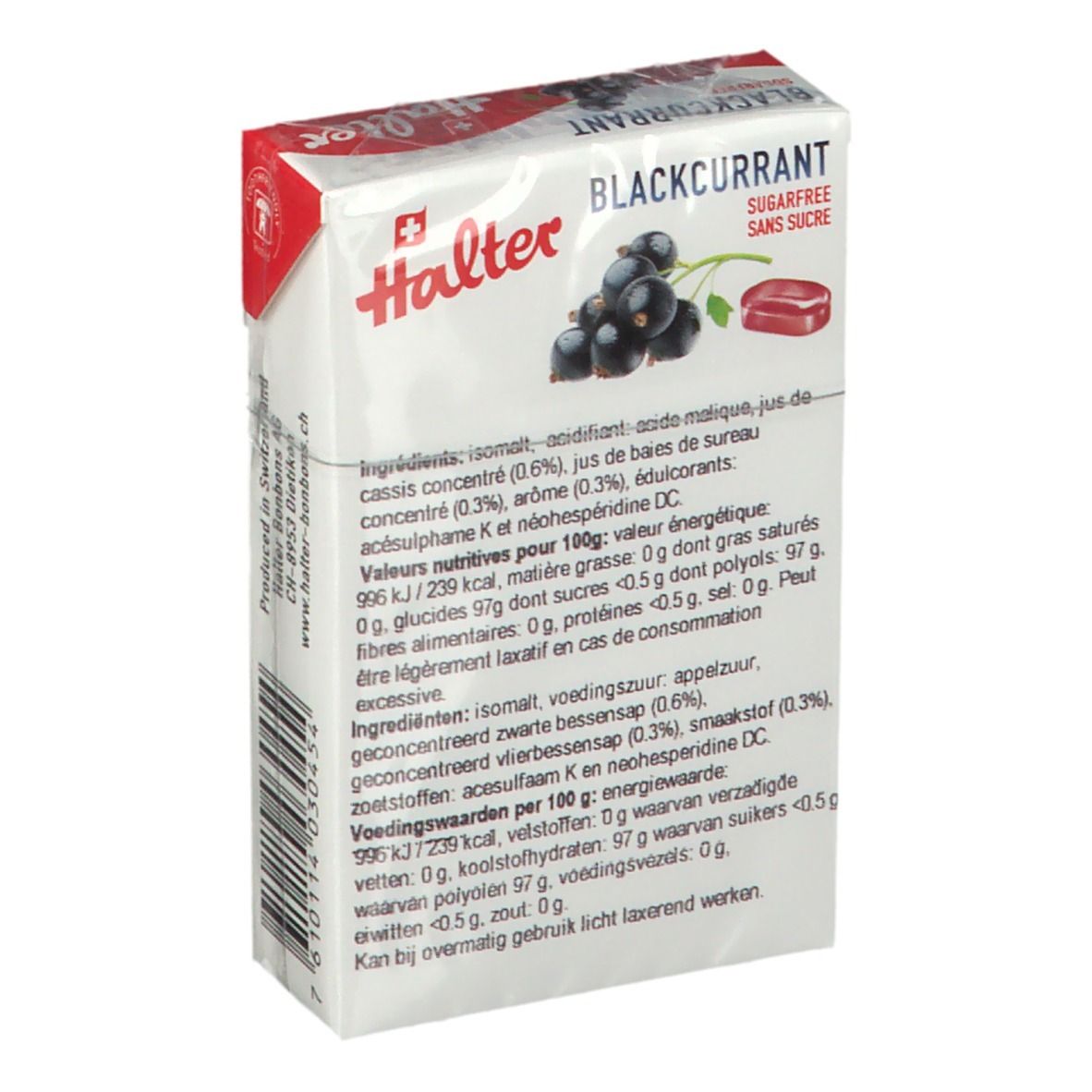Boîte de bonbons Halter Blackcurrant. Dos avec liste d'ingrédients et informations nutritionnelles. "Sugarfree - Sans sucre".