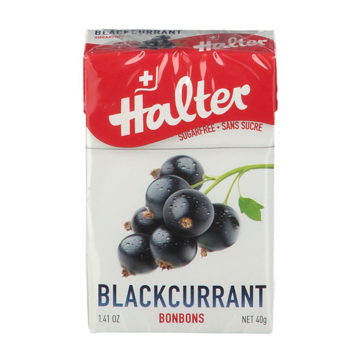 Boîte de bonbons Halter Blackcurrant. Image de cassis. Inscription "Sugarfree - Sans sucre" sur l'emballage.