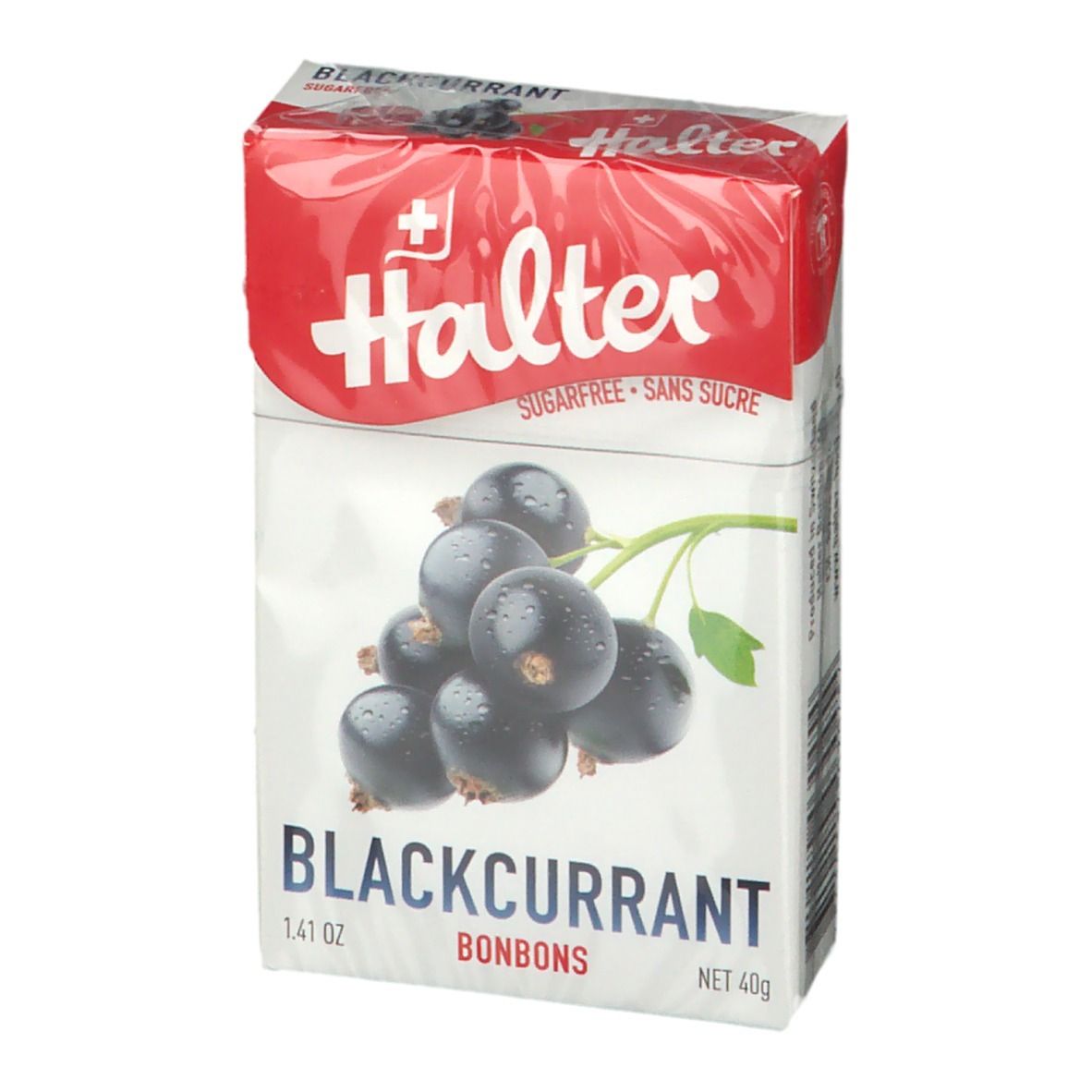Boîte de bonbons Halter Blackcurrant. Image de cassis. Inscription "Sugarfree - Sans sucre" sur l'emballage.