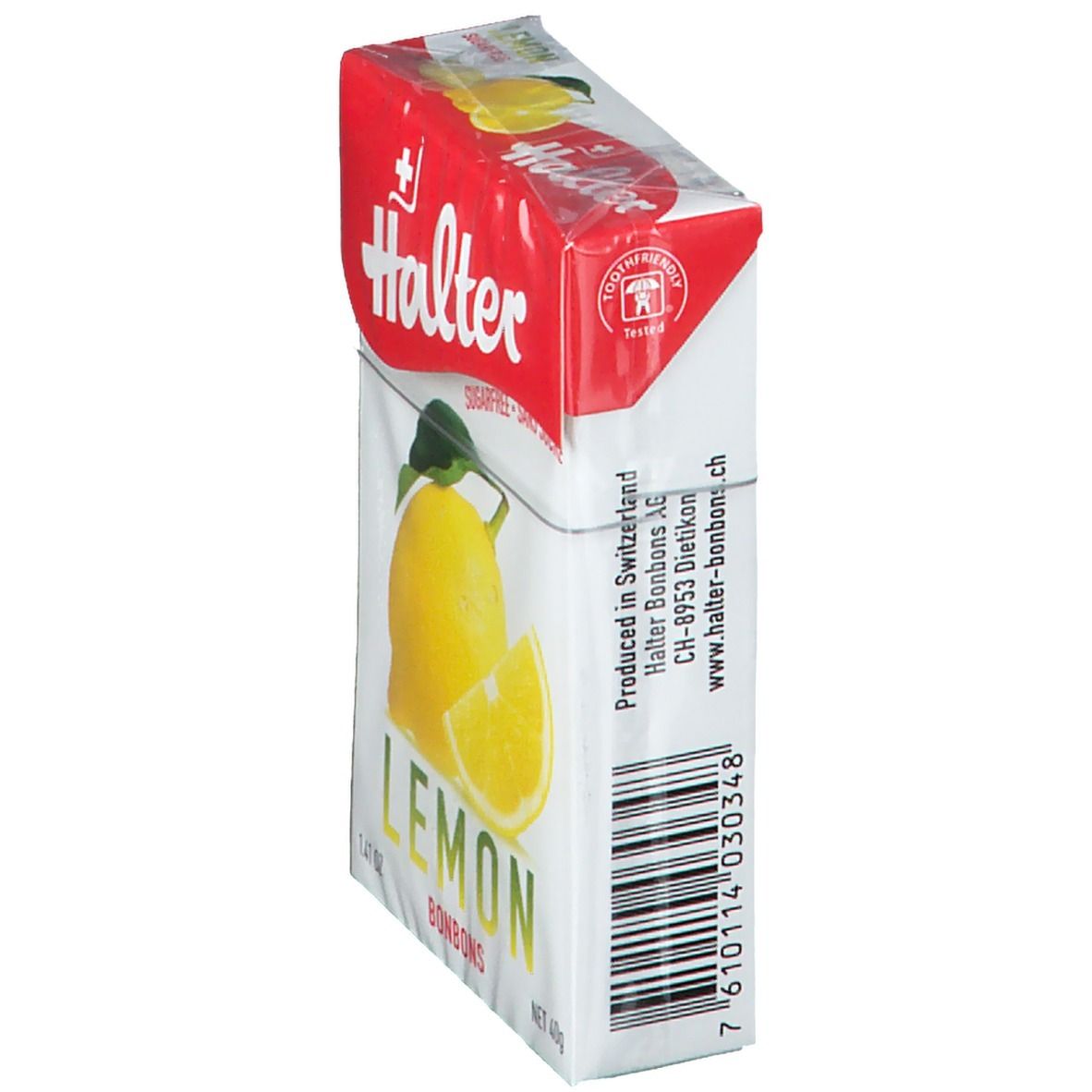 Vue latérale de l'emballage des bonbons Halter Lemon. Boîte blanche et rouge avec code-barres et texte.