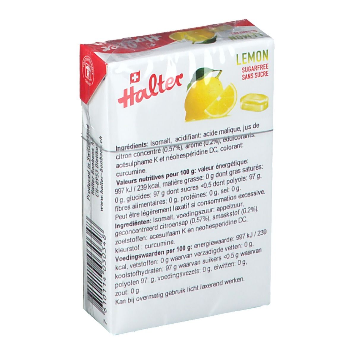 Dos de l'emballage des bonbons Halter Lemon. Texte avec ingrédients et informations nutritionnelles.