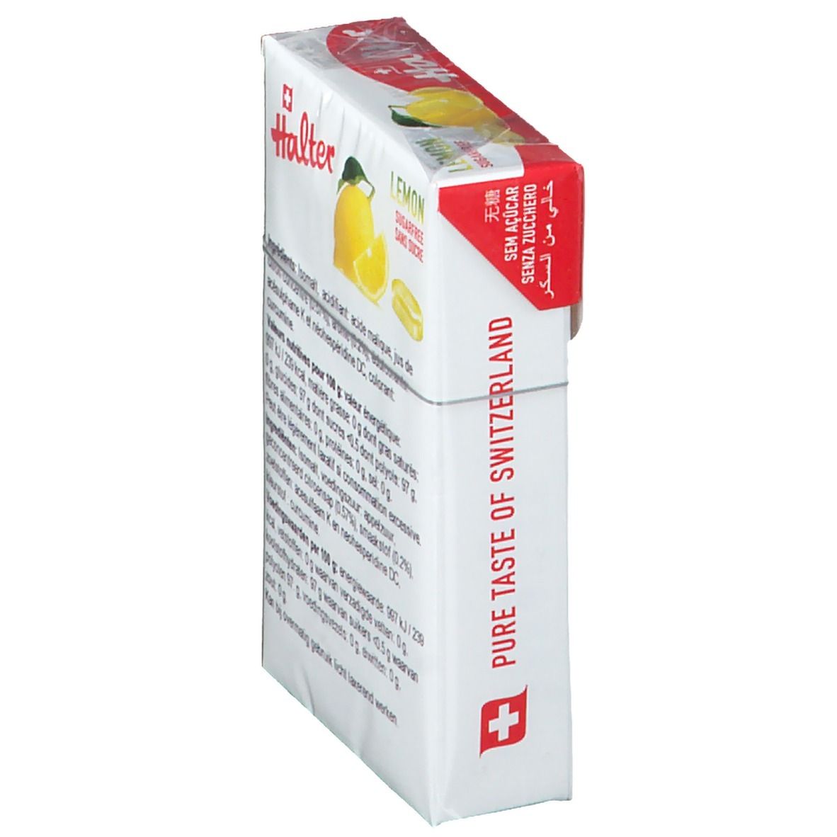 Vue latérale de l'emballage des bonbons Halter Lemon. Texte multilingue, croix suisse.