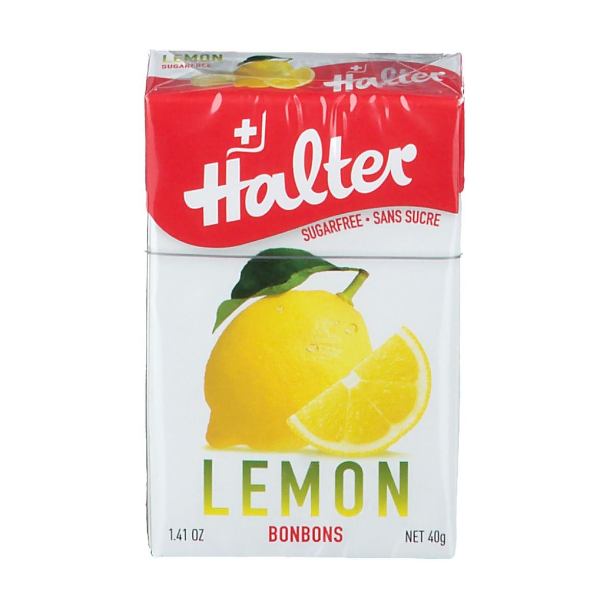 Boîte de bonbons Halter Lemon. Emballage blanc et rouge avec image de citron et texte.