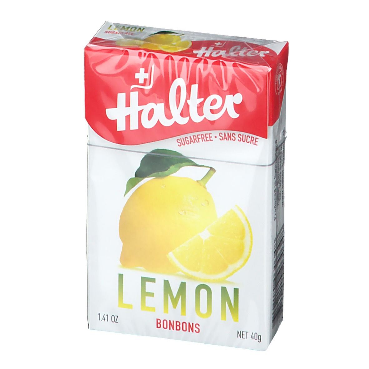 Boîte de bonbons Halter Lemon. Emballage blanc et rouge avec image de citron et texte.