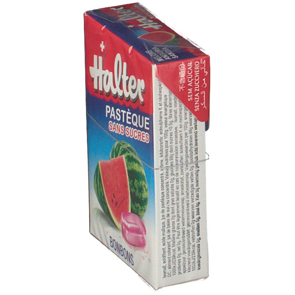 Boîte de bonbons Halter Pastèque Sans Sucres. Représentation d'une pastèque, d'un bonbon et du logo.