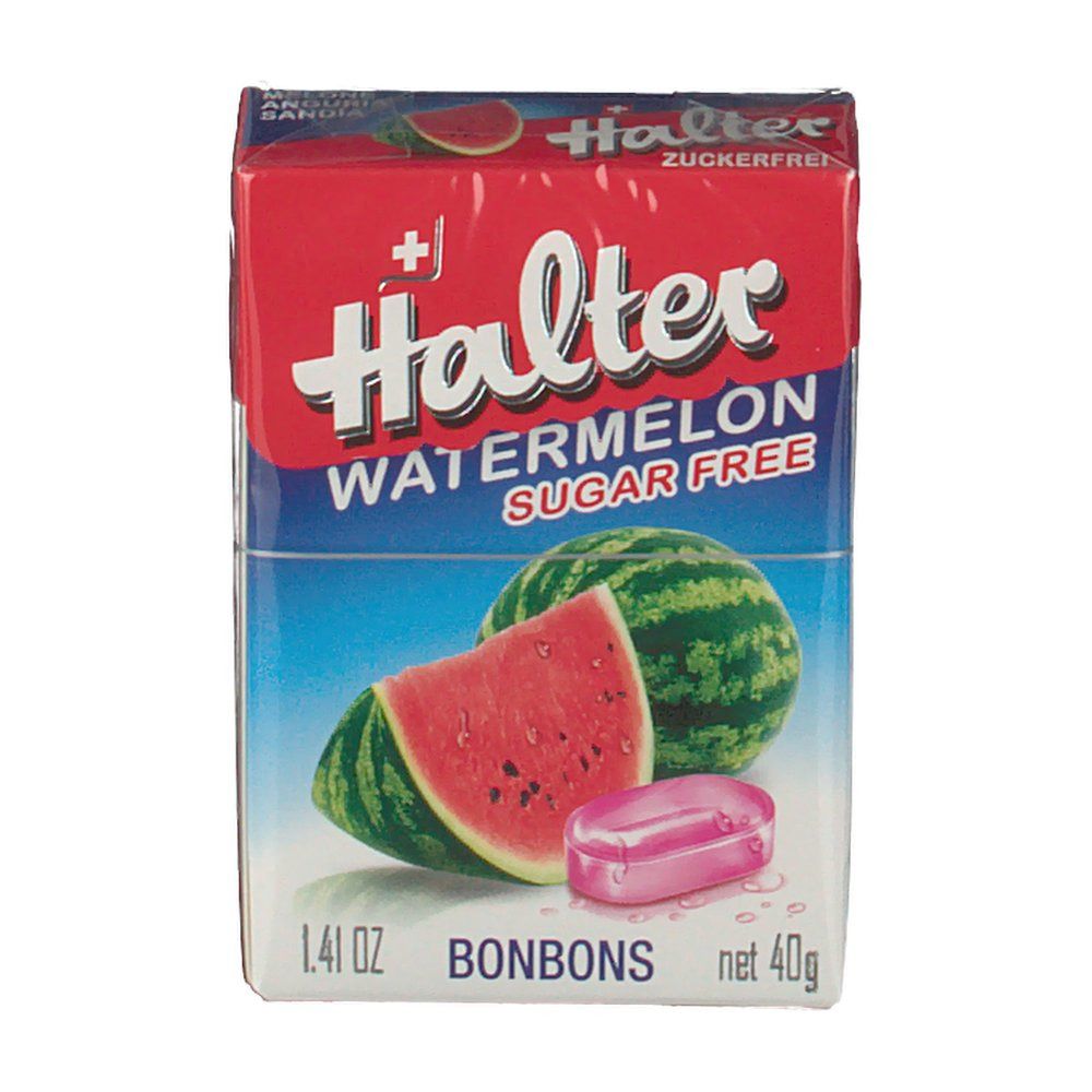 Boîte de bonbons Halter Watermelon Sugar Free. Représentation d'une pastèque, d'un bonbon et du logo.