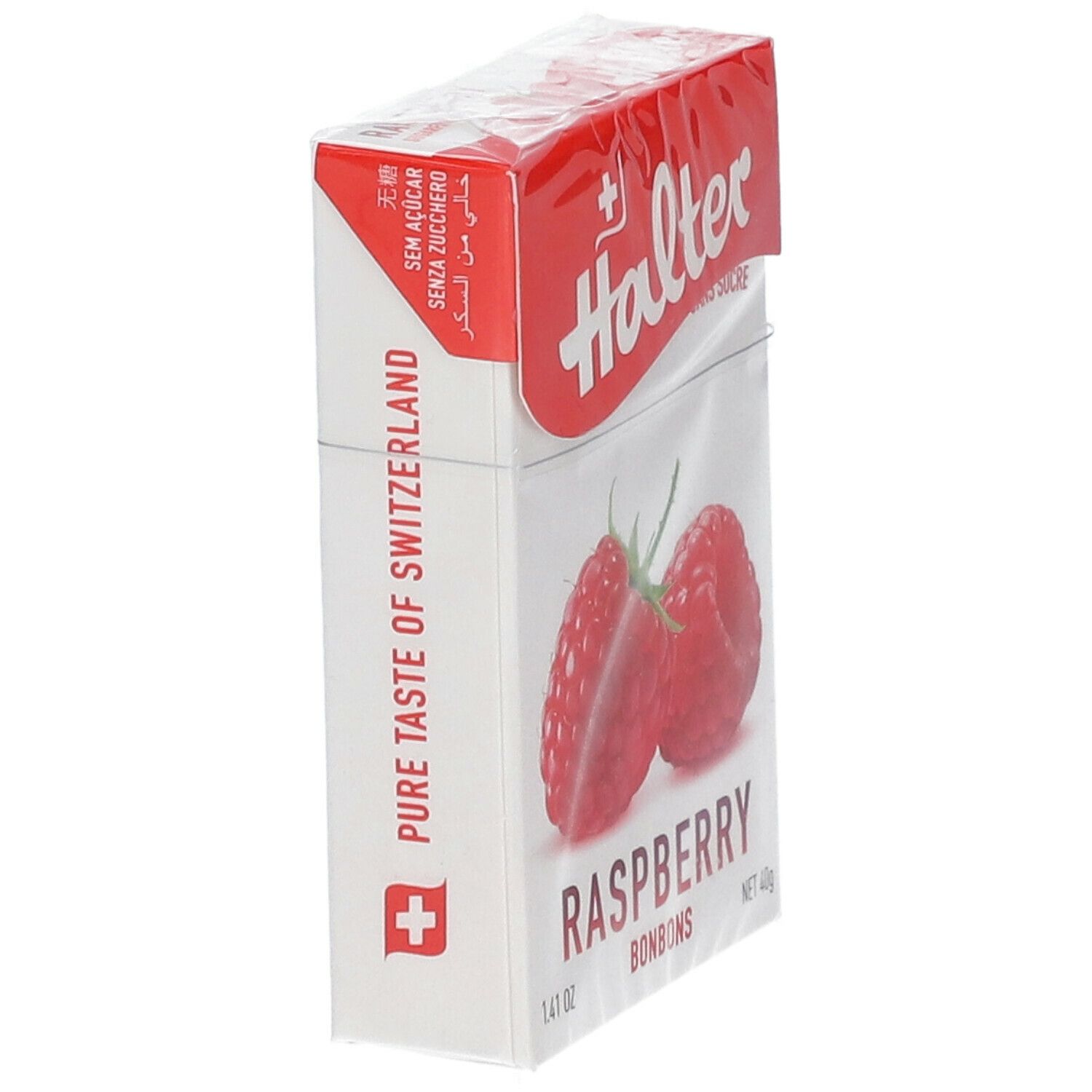 Paquet de bonbons à la framboise. Marque Halter, croix suisse. Texte: Sans sucre, framboise, 1.41 oz.