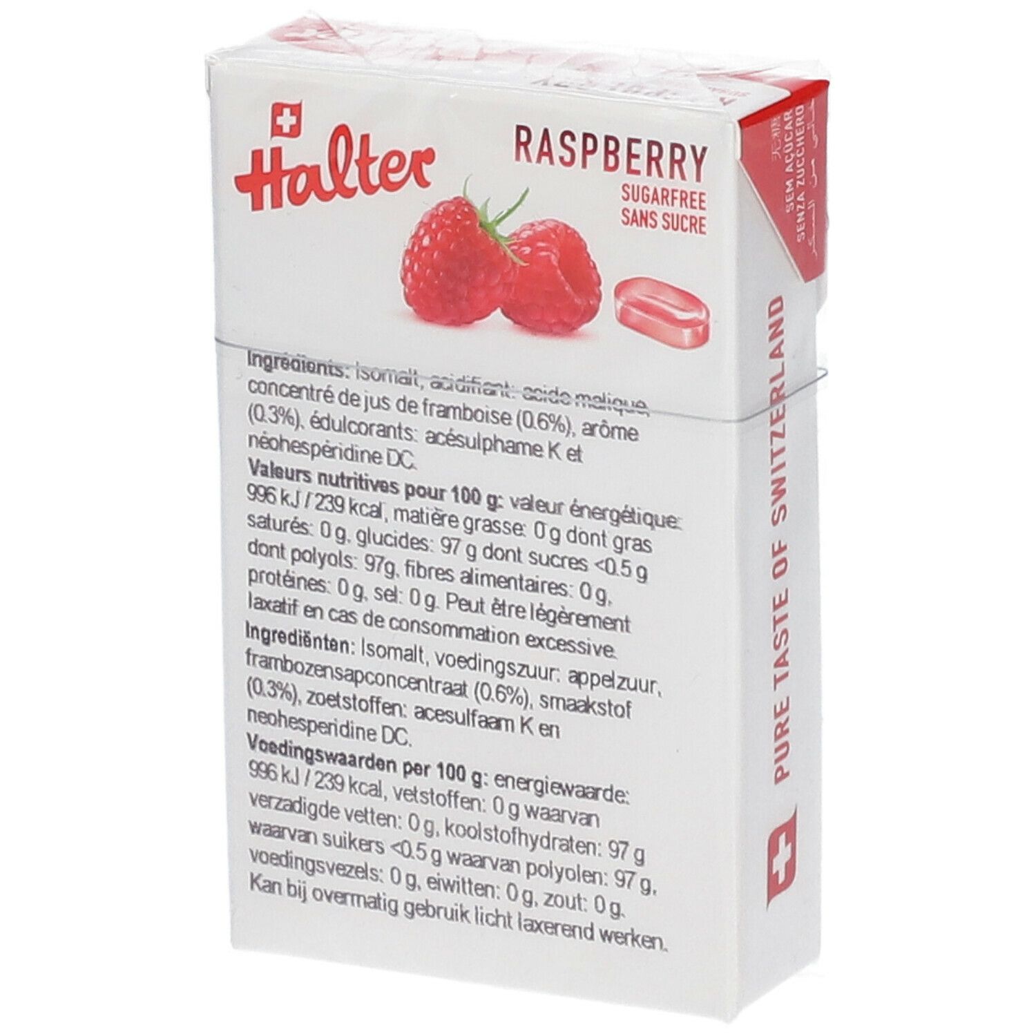 Paquet de bonbons à la framboise. Marque Halter, croix suisse. Liste des ingrédients et informations nutritionnelles.