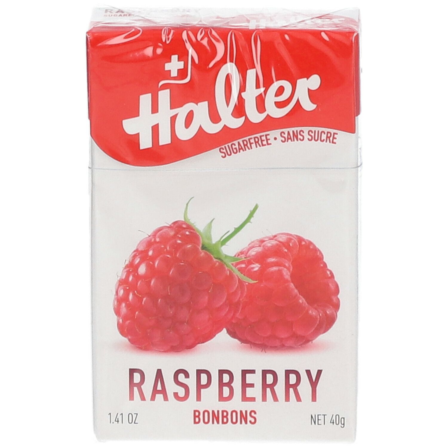 Paquet de bonbons à la framboise. Marque Halter, croix suisse. Texte: Sans sucre, framboise, 1.41 oz, 40g.