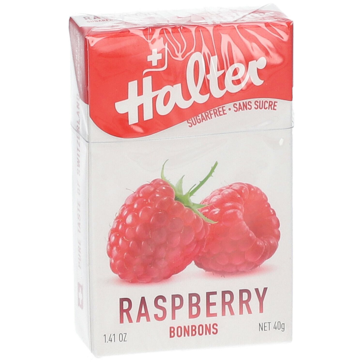Paquet de bonbons à la framboise. Marque Halter, croix suisse. Texte: Sans sucre, framboise, 1.41 oz, 40g.