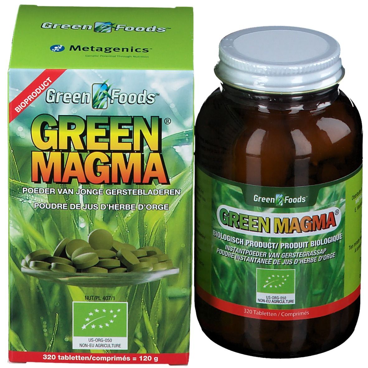 Emballage du produit avec flacon et boîte. Inscription: Green Magma, 320 comprimés. Comprimés visibles.