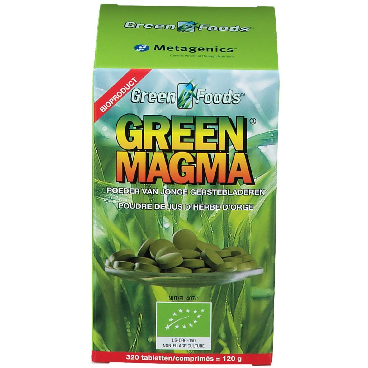 Emballage du produit avec boîte. Inscription: Green Magma, 320 comprimés. Comprimés visibles.