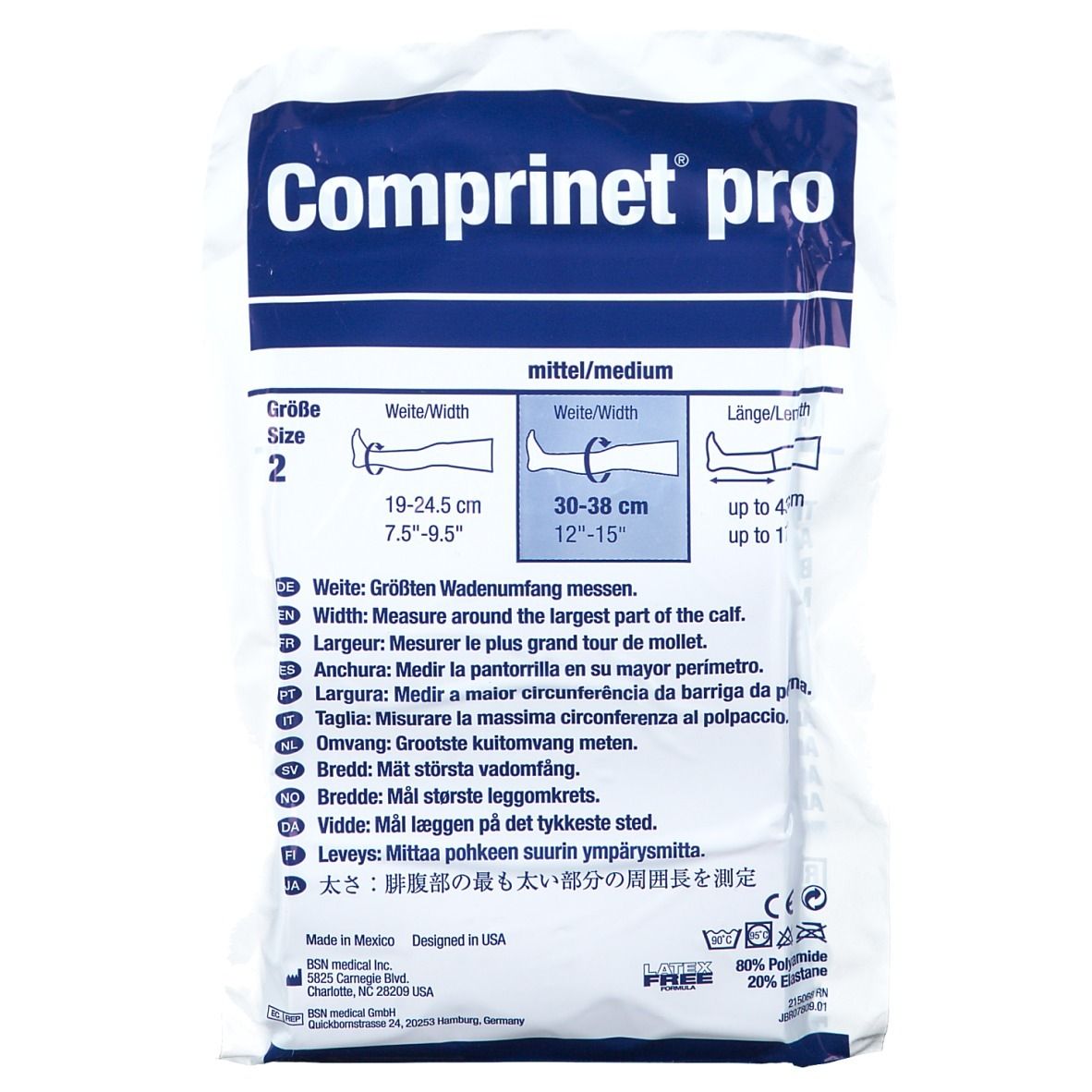 Verpakking van Komprinet pro. Maat 2, medium. Instructies voor het meten van de kuit. BSN medical logo.