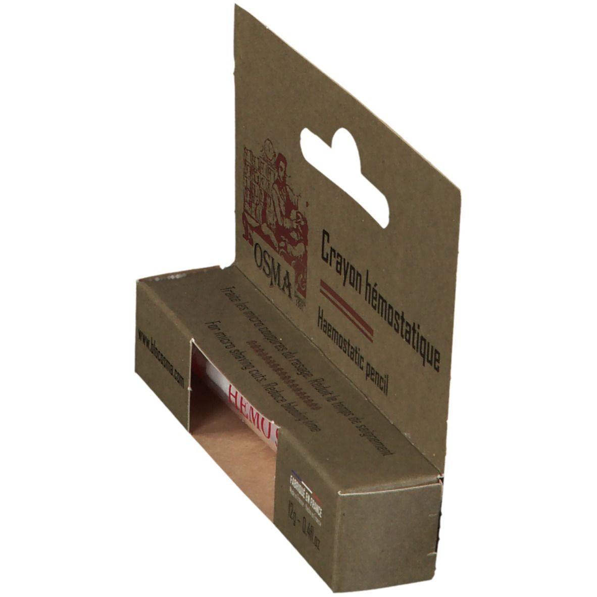 Hemostatisch potlood verpakking, schuin. Merk en productnaam zichtbaar. Karton met ophanghaak.