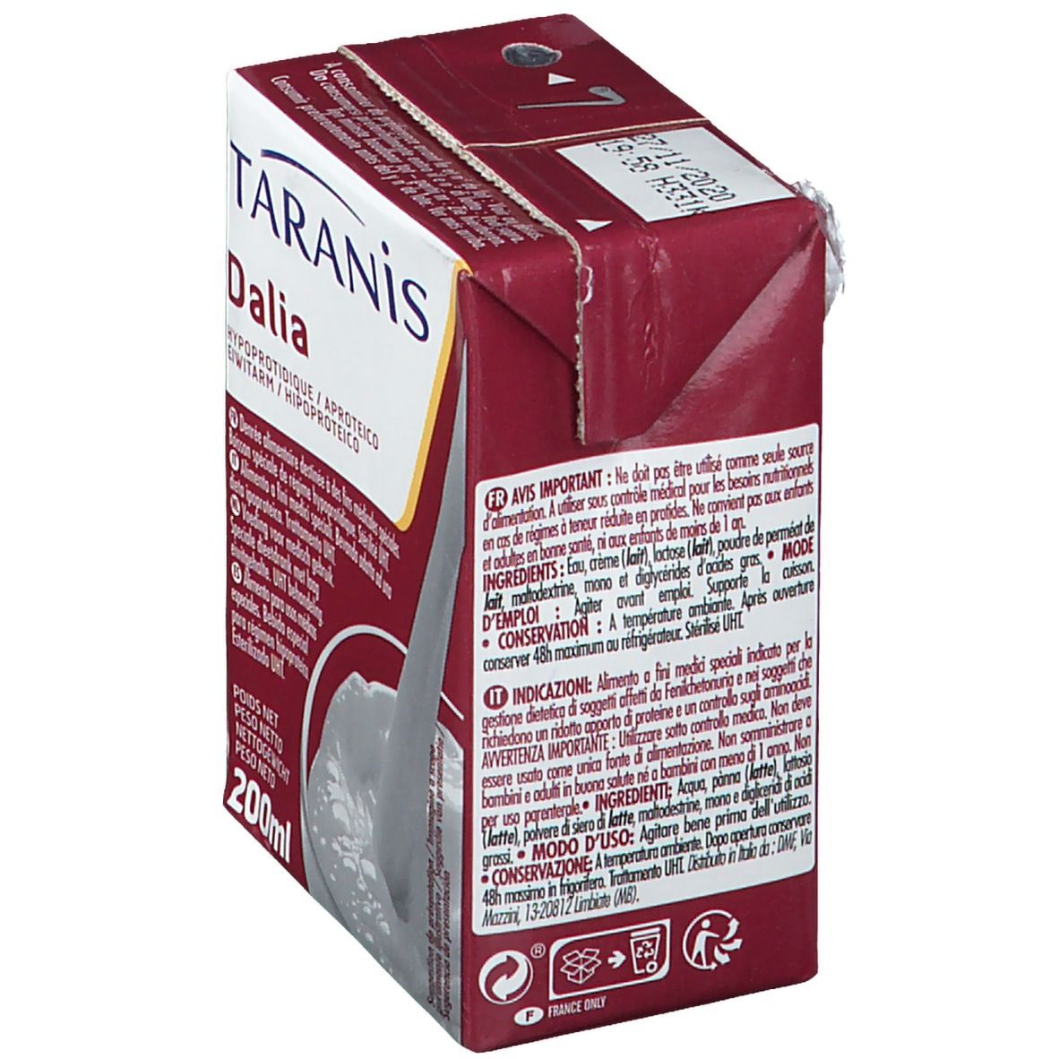 Brique de boisson Taranis Dalia. Inscription: Hypoproteidique/Aproteico. Texte au dos. 200ml. Code-barres.