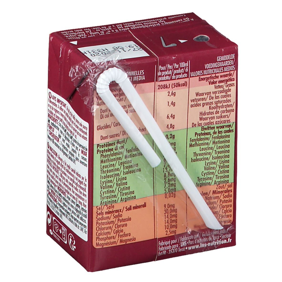 Brique de boisson Taranis Dalia. Paille. Informations nutritionnelles. Texte au dos. Code-barres.