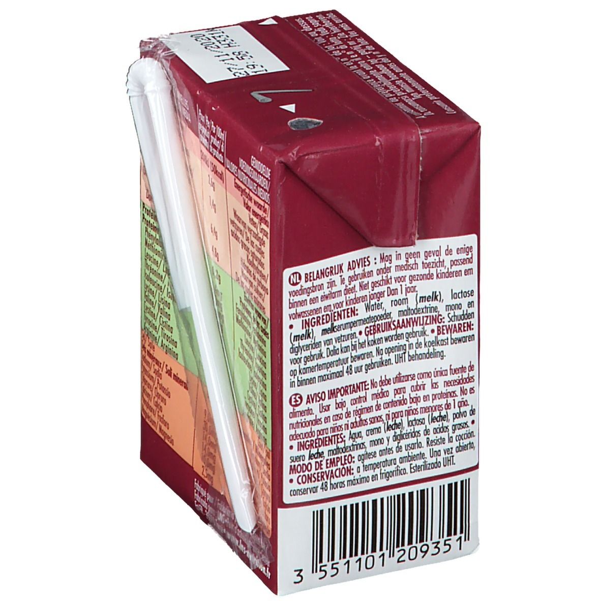 Brique de boisson Taranis Dalia. Paille. Texte au dos. Code-barres. Vue d'angle.