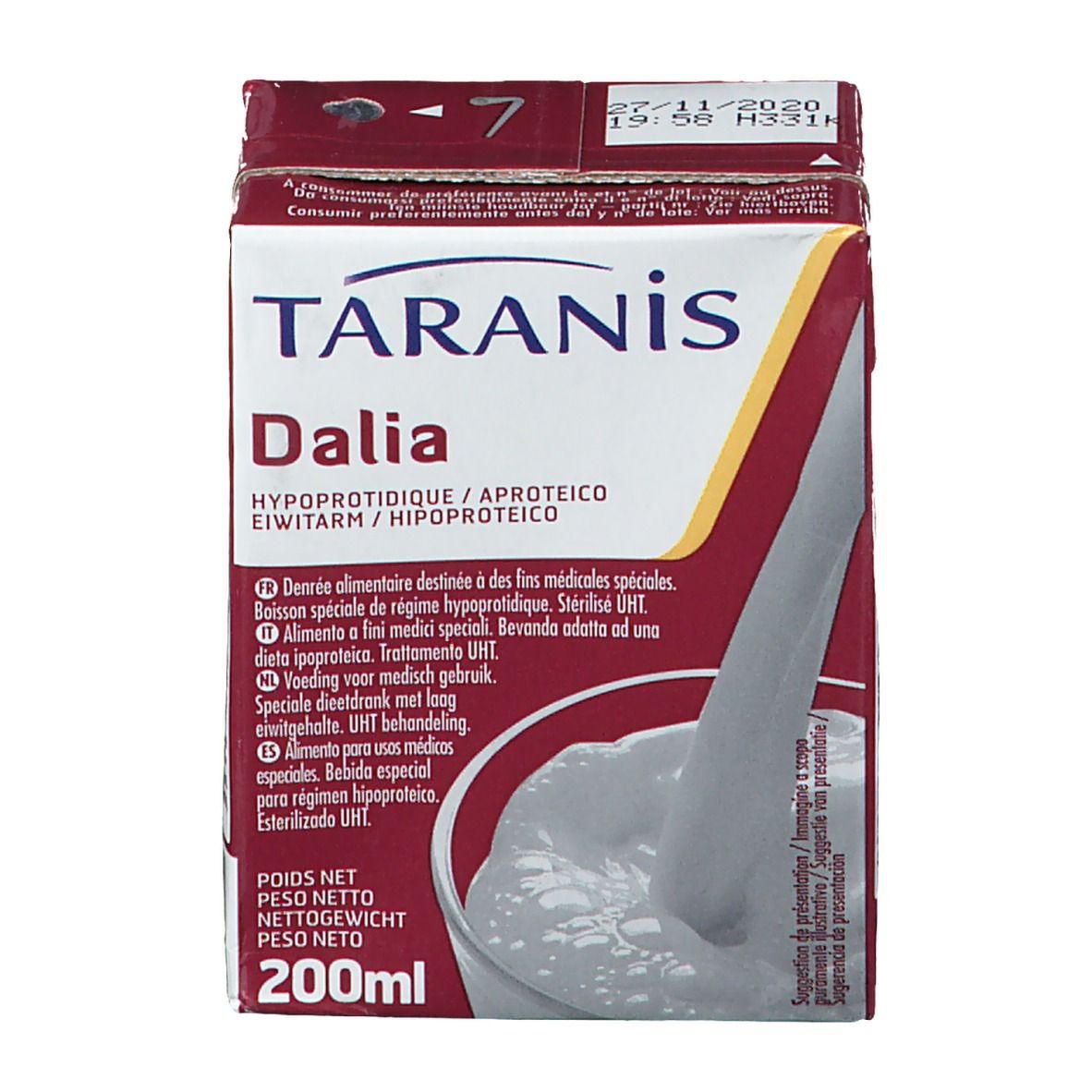 Taranis Dalia, boisson en brique. Inscription: Hypoproteidique/Aproteico. Contenance 200ml. Visuel de la boisson.