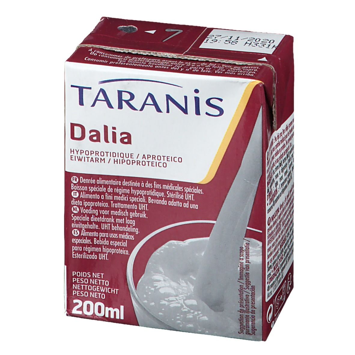 Taranis Dalia, boisson en brique. Inscription: Hypoproteidique/Aproteico. Contenance 200ml. Visuel de la boisson.