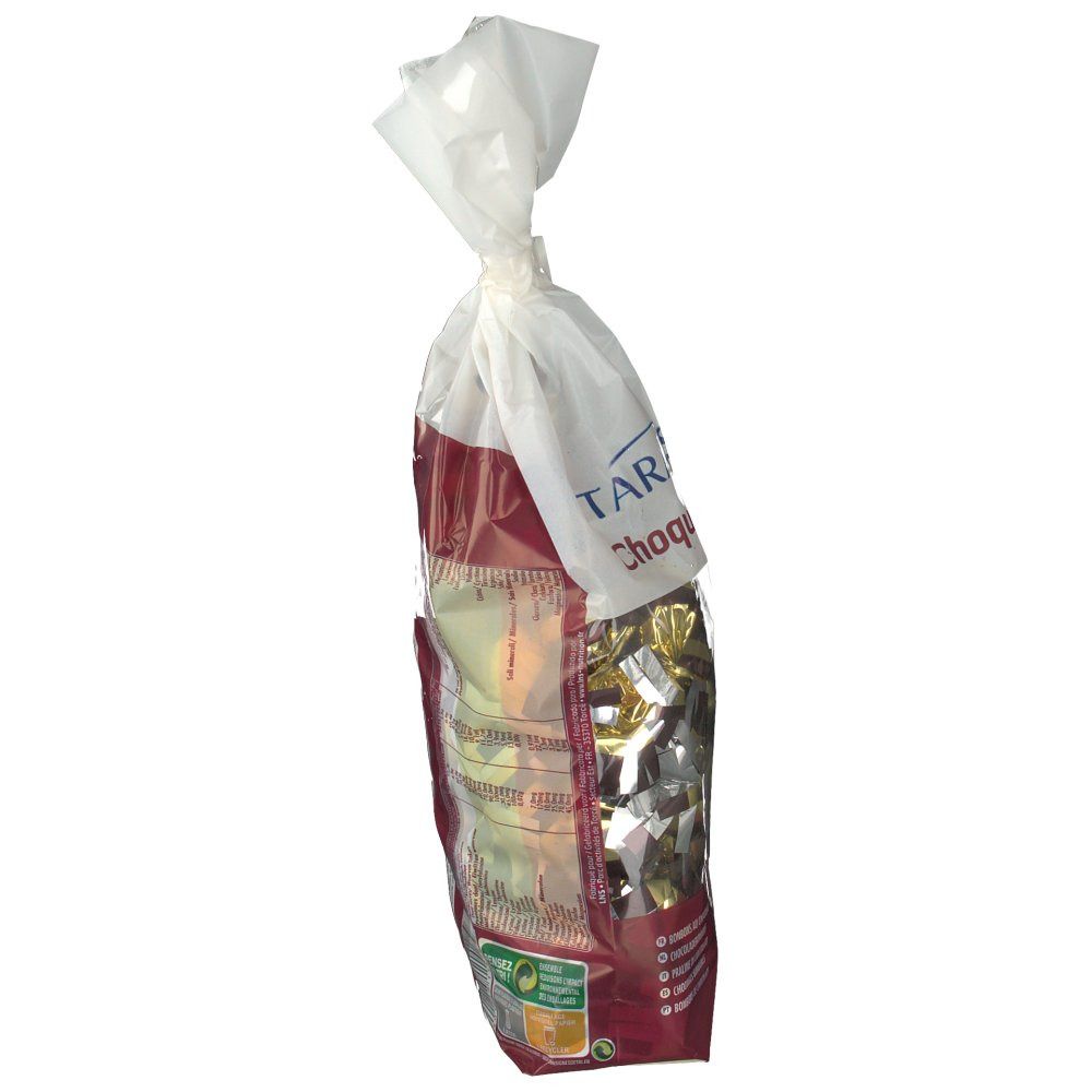 Vue latérale d'un sachet de bonbons au chocolat. Visible : marque Taranis, nom du produit Choquito. Emballage transparent, fond rouge.