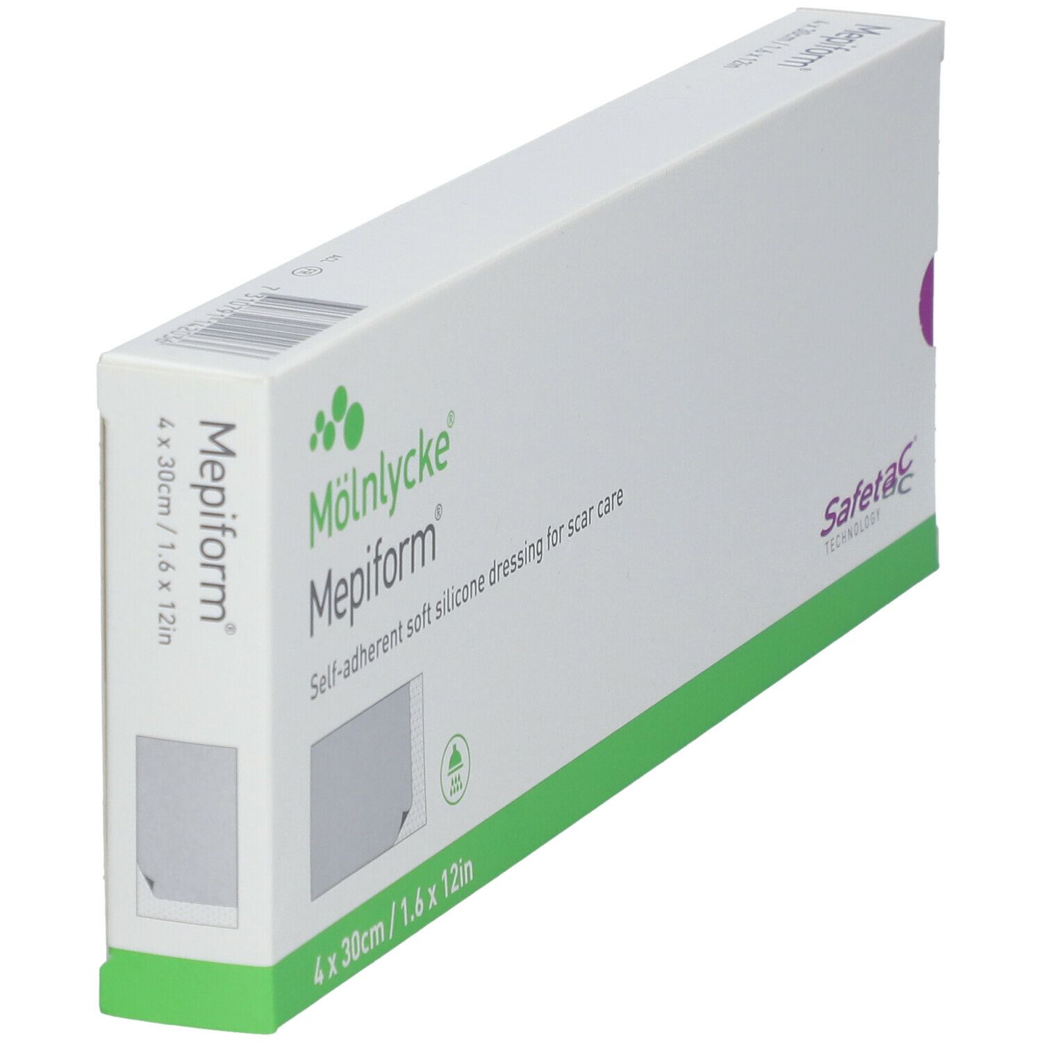 Mepiform-Verpackung. 4 x 30 cm. Selbsthaftender Silikonverband. Grün und weiß.