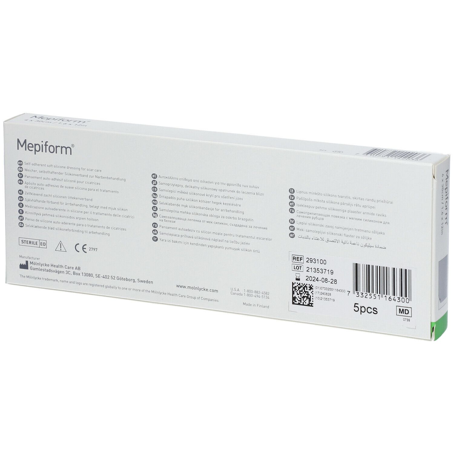 Rückseite der Mepiform-Verpackung. 5 Stück. Barcode und Chargennummer. Weiß und grün.