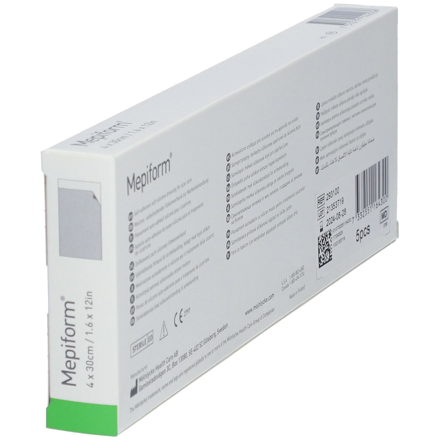 Mepiform-Verpackung. 4 x 30 cm. 5 Stück. Barcode und Chargennummer. Weiß und grün.