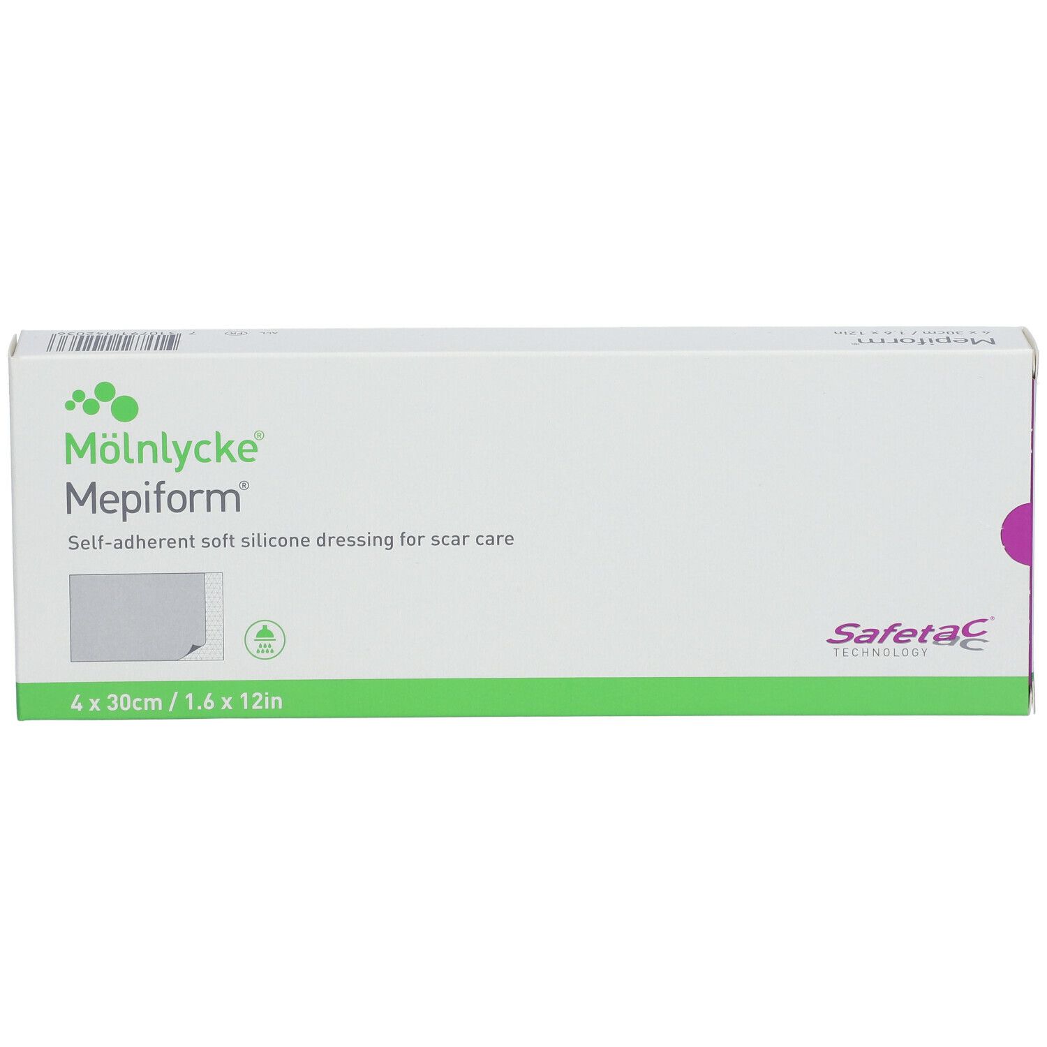 Mepiform-Verpackung. 4 x 30 cm. Selbsthaftender Silikonverband. Grün und weiß.