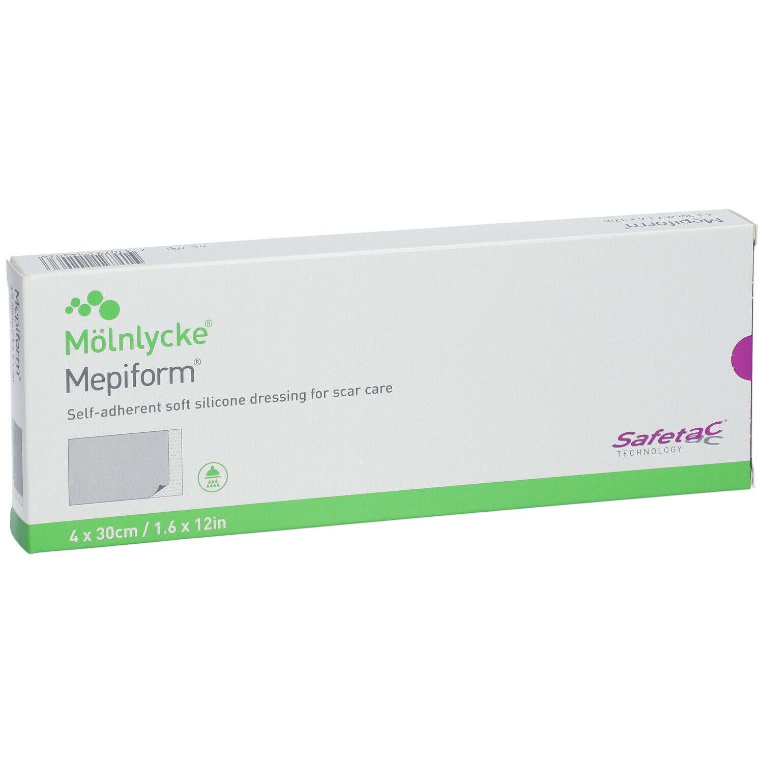 Mepiform-Verpackung. 4 x 30 cm. Selbsthaftender Silikonverband. Grün und weiß.