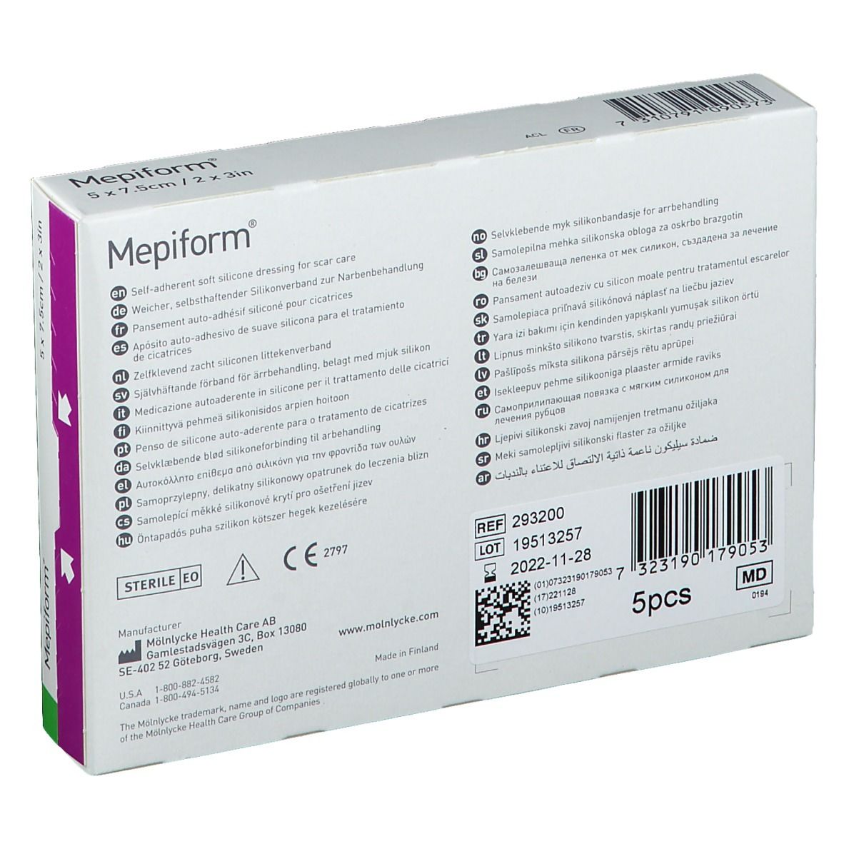 Dos de la boîte Mepiform. Carton blanc avec textes multilingues. Contient des informations sur le fabricant et le numéro de lot.