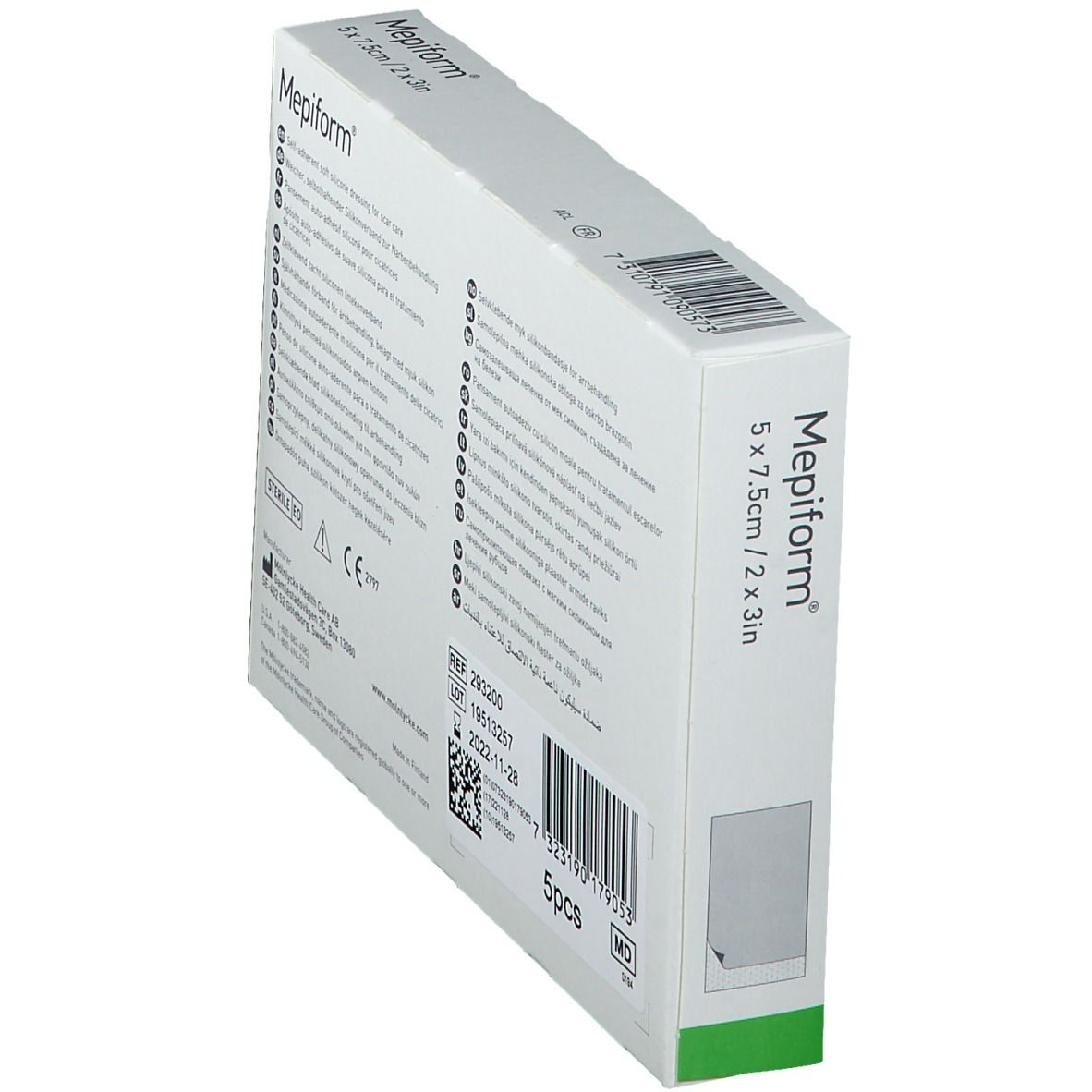 Boîte de Mepiform en biais. Carton blanc avec éléments verts. Inscription : Mepiform, 5 x 7,5 cm. 5 pièces.
