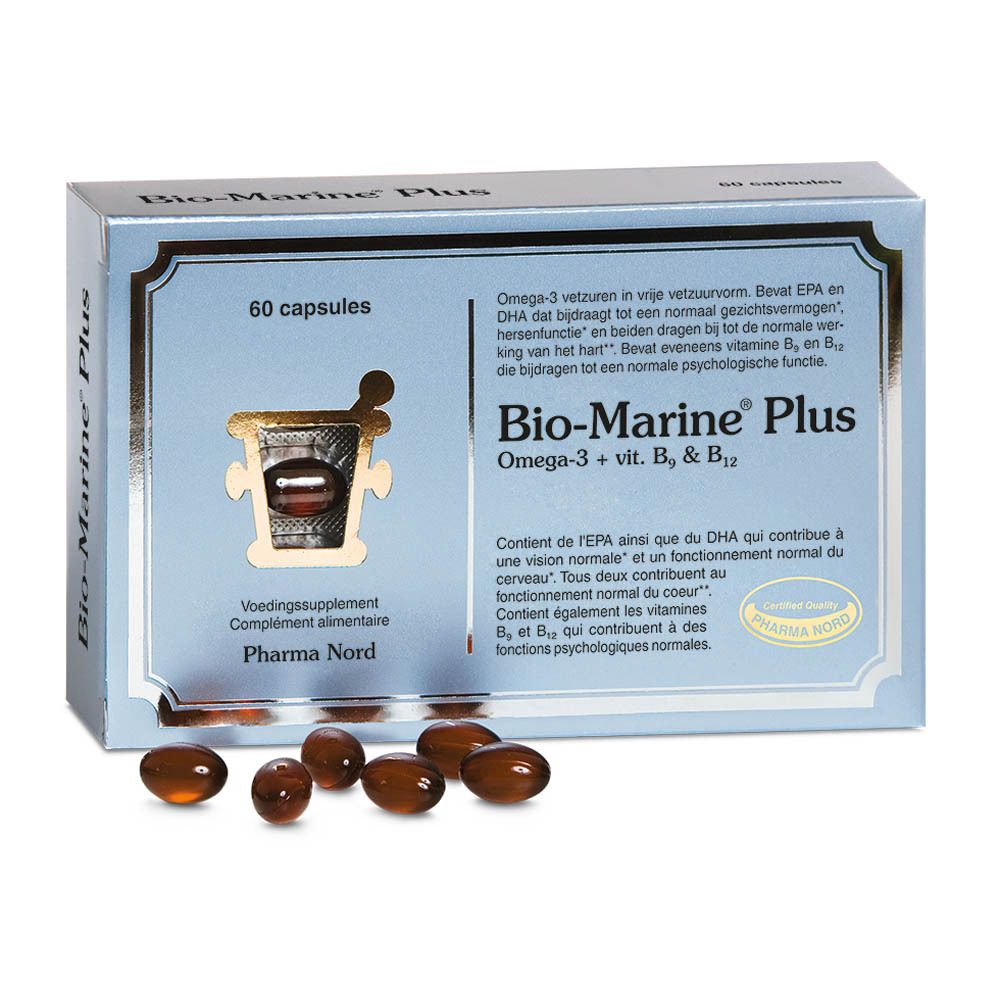 Boîte "Bio-Marine Plus" avec rabat ouvert. Quelques gélules à côté.