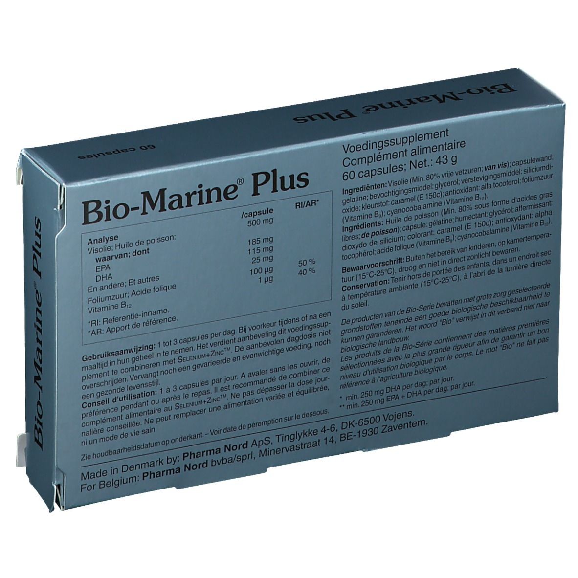 Dos de la boîte "Bio-Marine Plus". Contient des informations sur les ingrédients et le dosage.