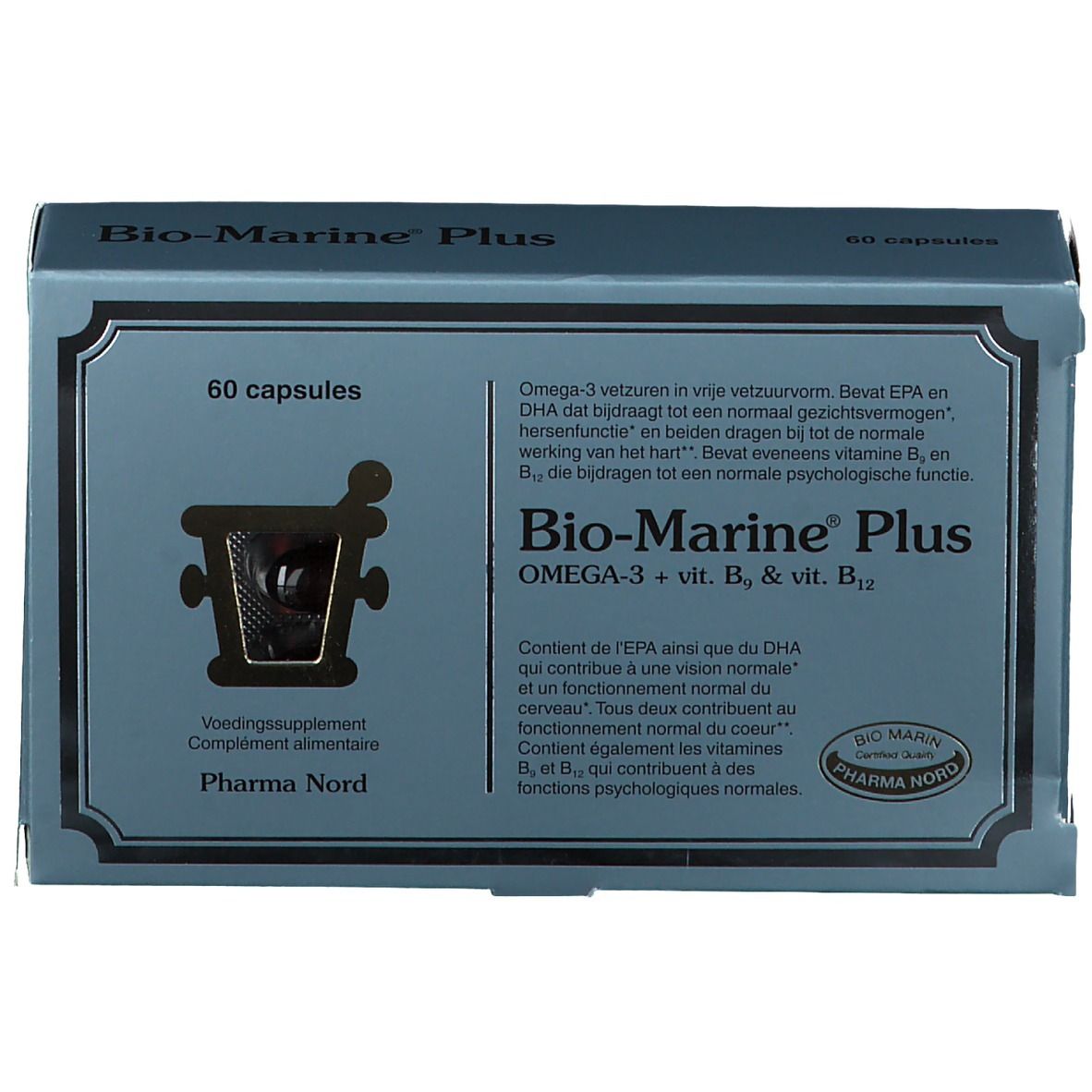 Boîte bleu-gris "Bio-Marine Plus". Contient 60 gélules. Logo Pharma Nord.
