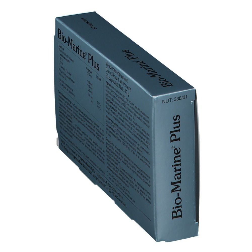 Boîte "Bio-Marine Plus" en biais. Contient 60 gélules. Impression du nom du produit.