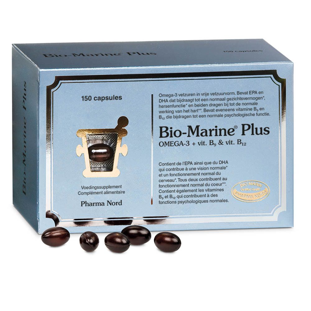 Doosje met capsules. Opschrift: Bio-Marine Plus, 150 capsules. Pharma Nord.
