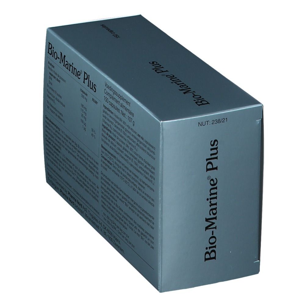 Doosje met capsules. Opschrift: Bio-Marine Plus, 150 capsules. Pharma Nord.
