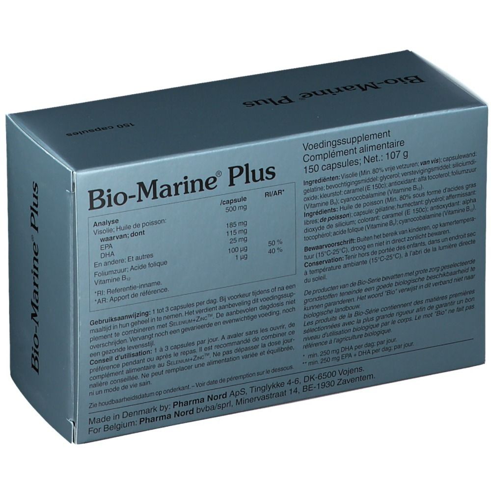 Doosje met capsules. Opschrift: Bio-Marine Plus, 150 capsules. Pharma Nord.