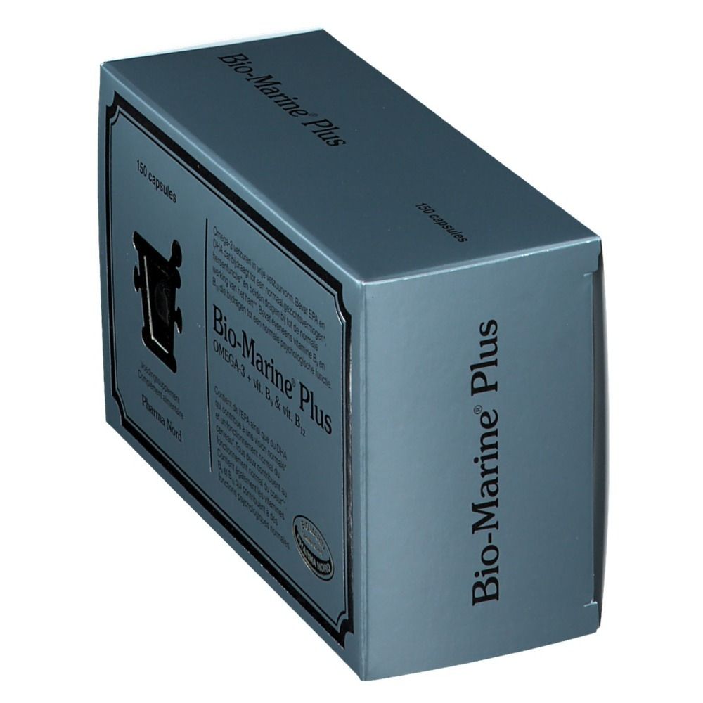 Boîte de capsules. Inscription: Bio-Marine Plus, 150 capsules. Pharma Nord. Ingrédients au dos.