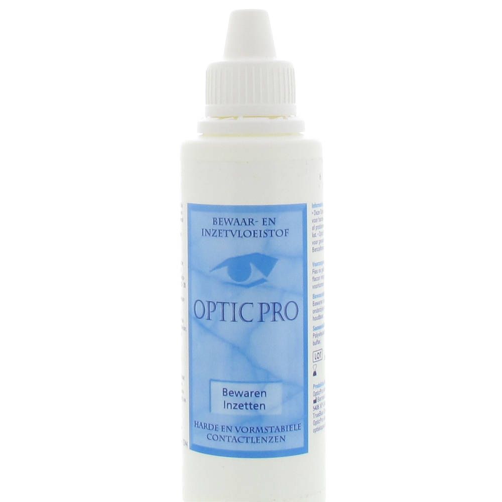Witte fles met blauw etiket. Op het etiket staat "Optic Pro" en "Bewaar- en inzetvloeistof".