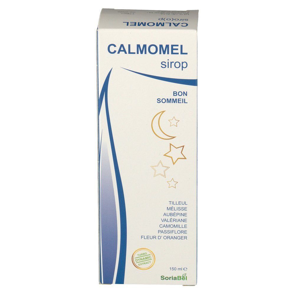 Boîte de sirop CALMOMEL. Inscription "Bon Sommeil" avec lune et étoiles. Logo Soria Bel.