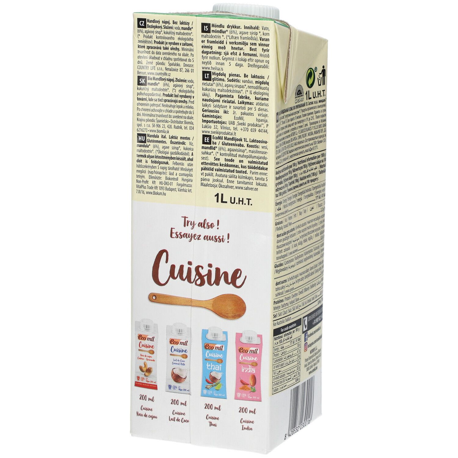 Côté de la brique EcoMil Almond. Texte: Cuisine. Visuel produits Cuisine.